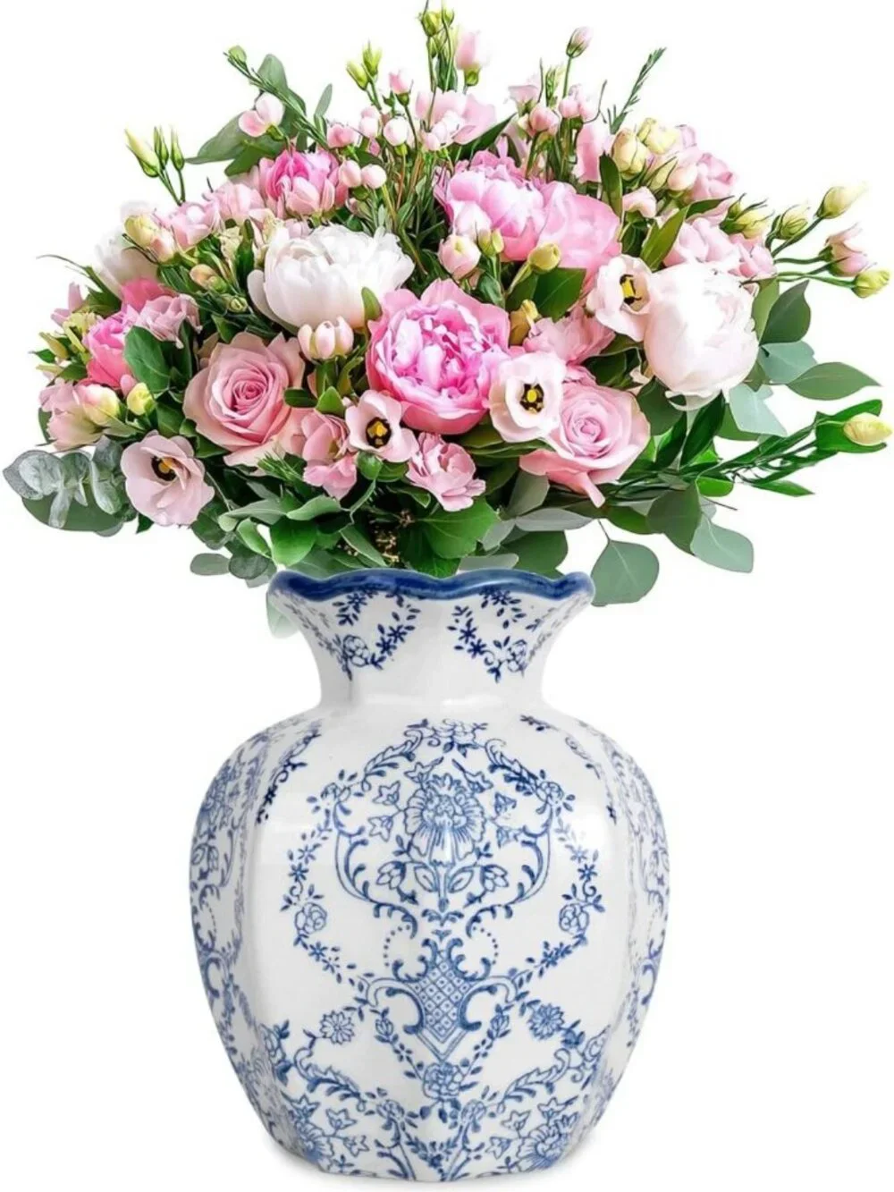 Chinoiserie Blue & White Ceramic Vase - 5.9” Vintage Home Decor for Flowers